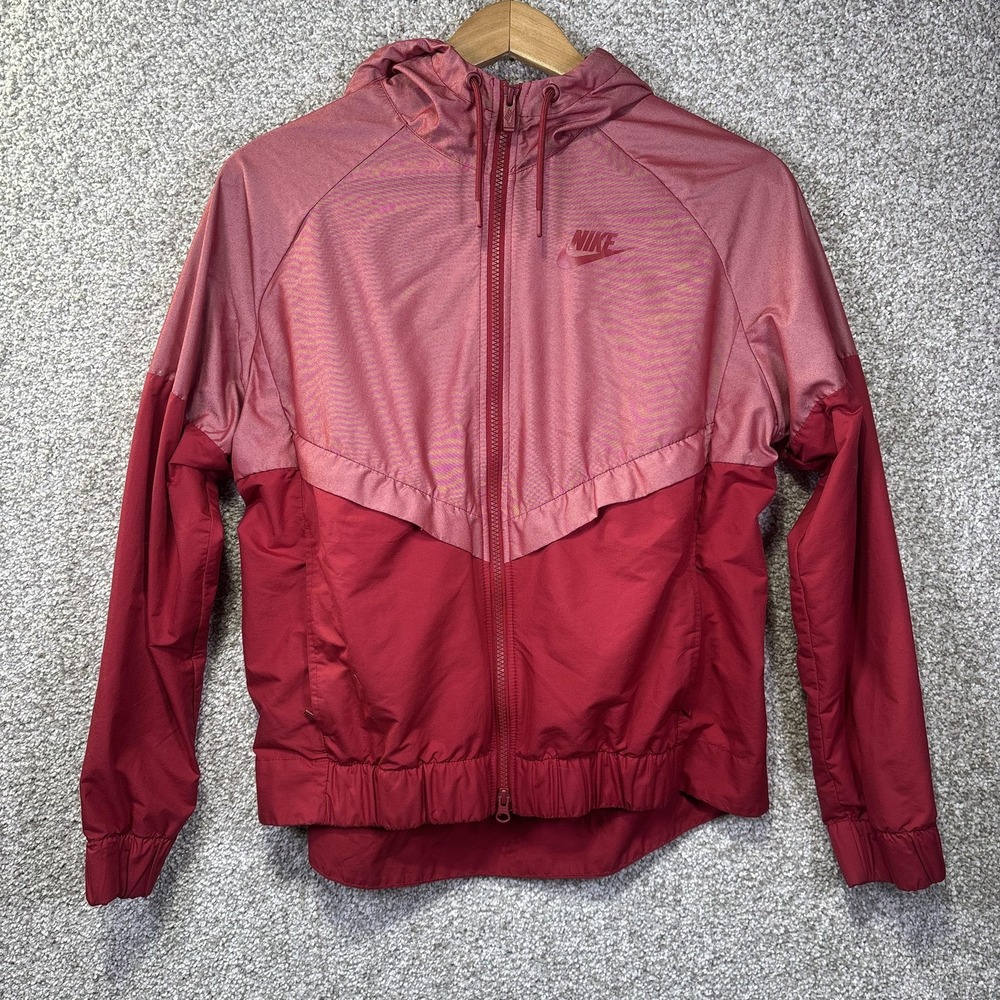 Nike Jacket Womens Medium Red Hooded Windbreaker Full Zip Mesh Lined Lightweight